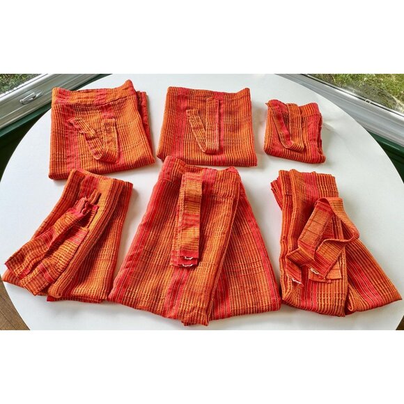 Vintage 70s curtains, red, orange, yellow sheer woven panels, tiebacks, pair - Picture 10 of 10